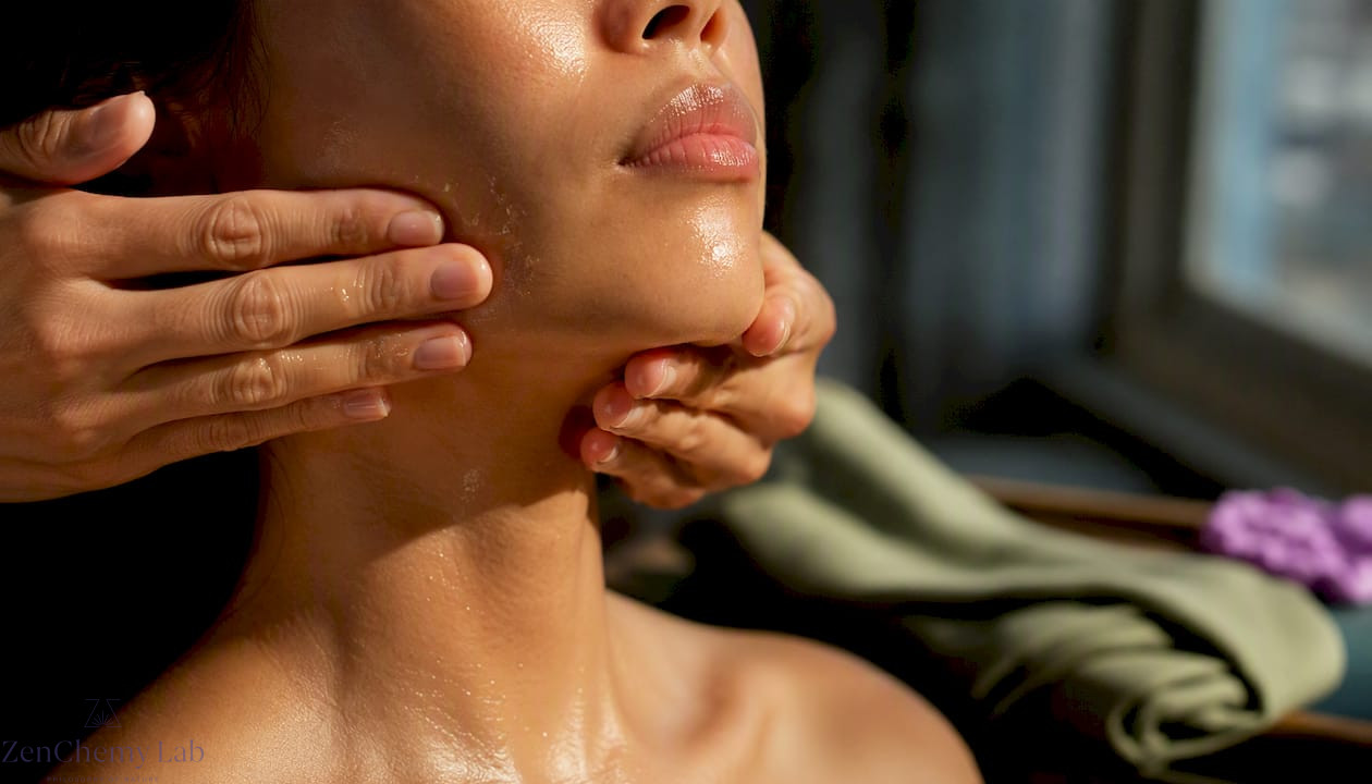 Hands performing an oil face massage