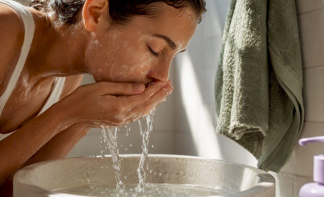 Person rinsing cleanser from sensitive skin