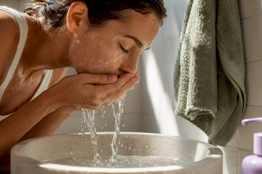 Person rinsing cleanser from sensitive skin