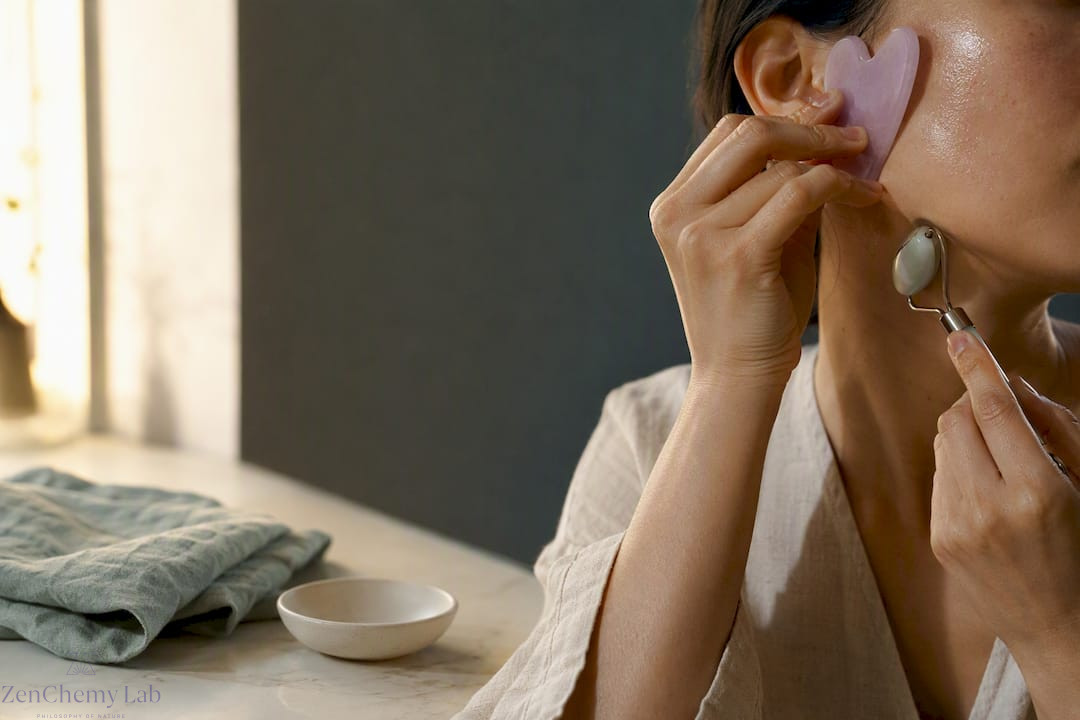 Hands using facial massage tools at vanity