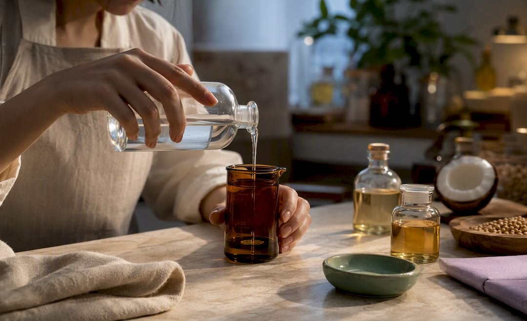 Artisan transferring clear glycerin in studio