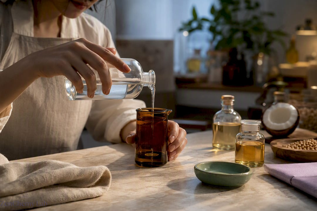 Artisan transferring clear glycerin in studio