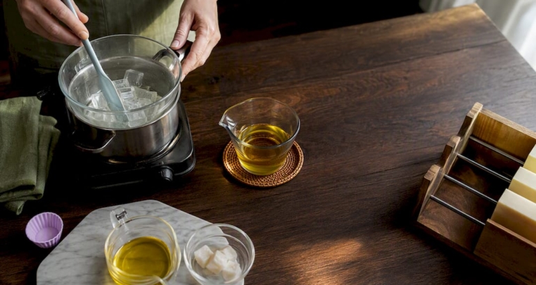 Two soapmaking methods arranged on a workbench