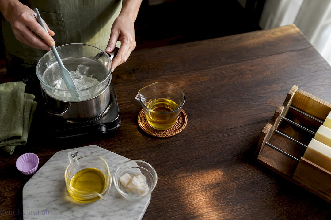 Two soapmaking methods arranged on a workbench