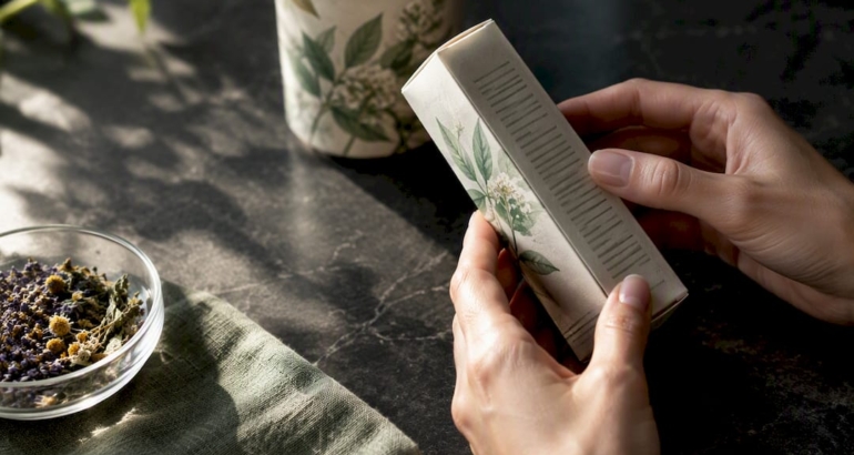 Hands inspecting cosmetic labels and ingredients