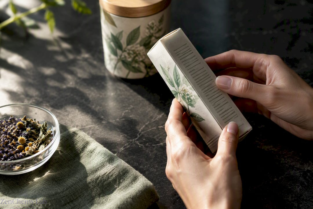 Hands inspecting cosmetic labels and ingredients