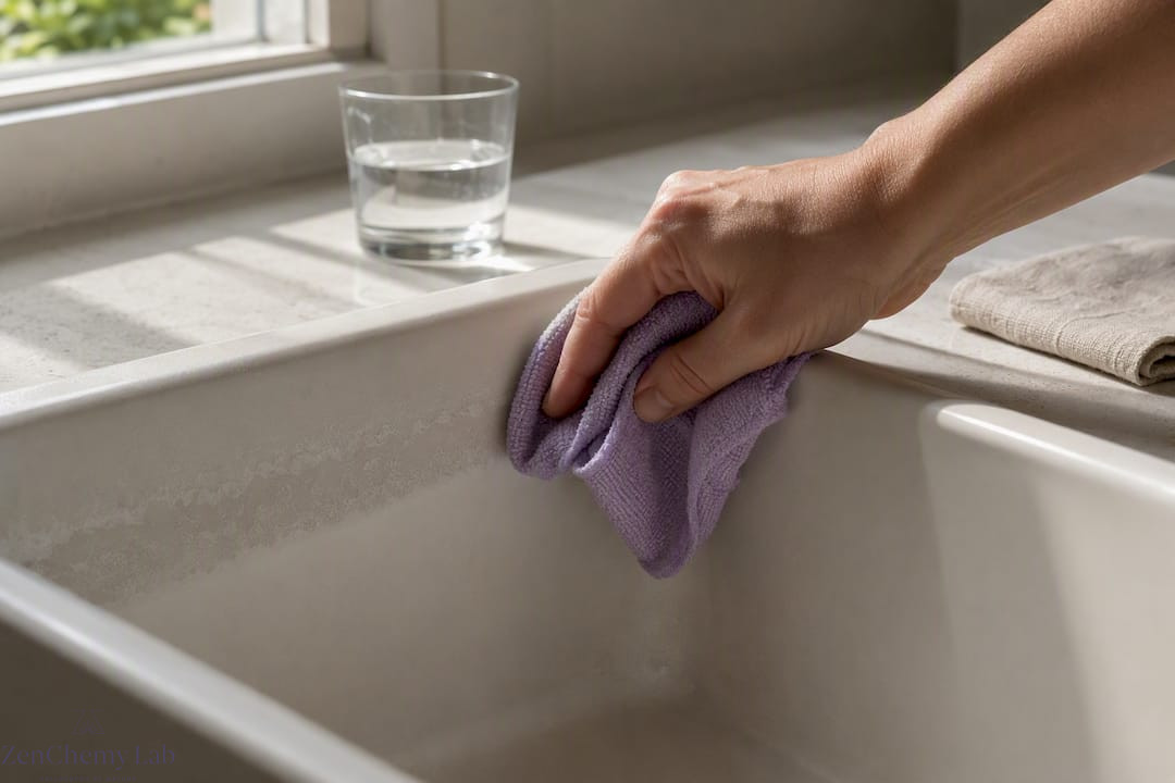 Hand wiping soap residue from porcelain