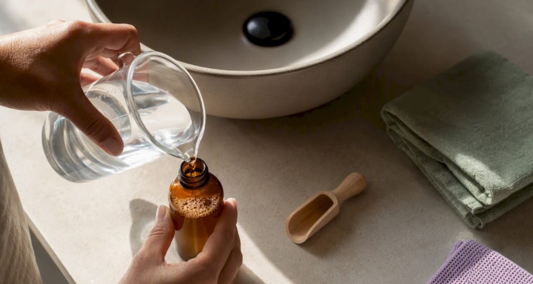 Hands preparing diluted Castile soap