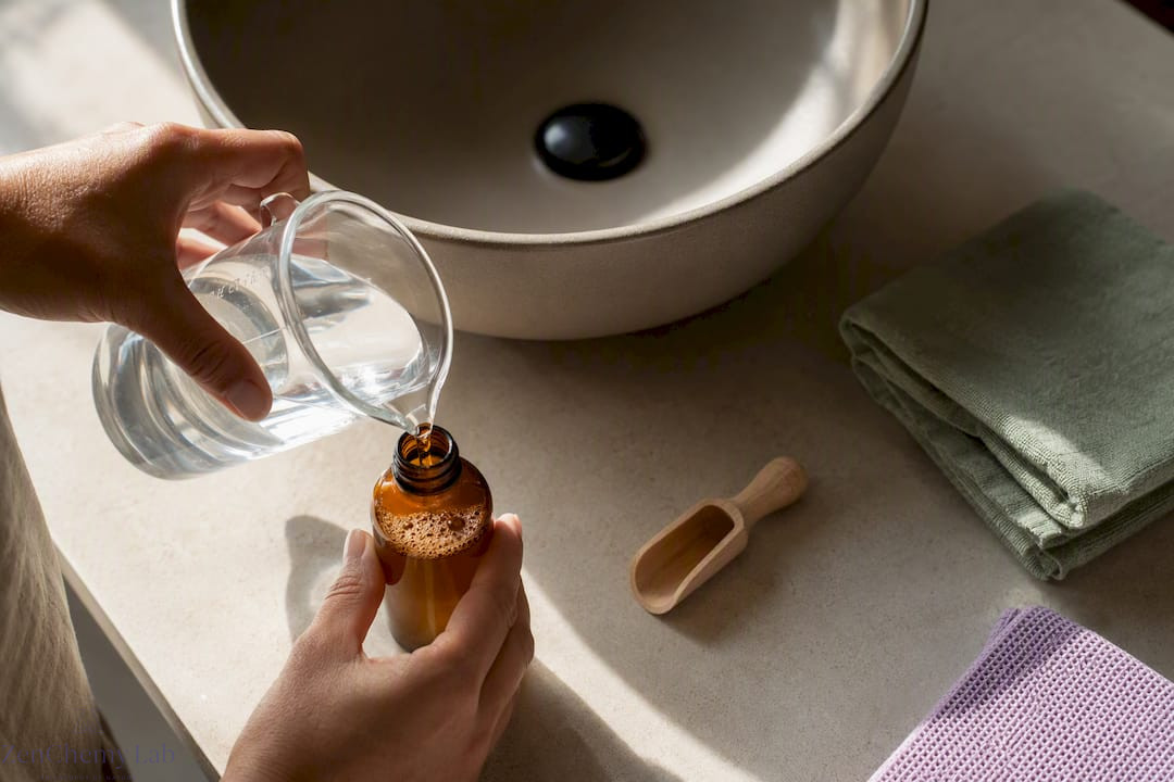 Hands preparing diluted Castile soap