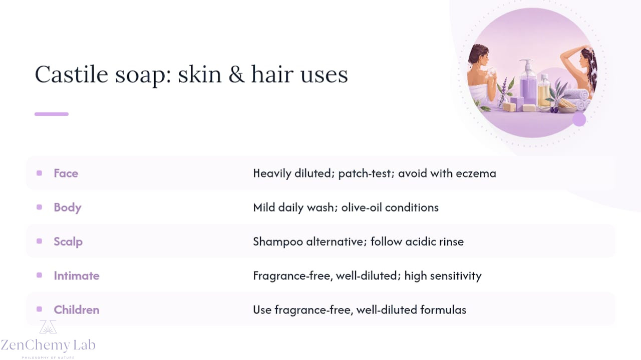 Castile soap guidance by body area