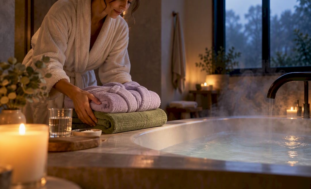 Warmed robe beside a relaxing home bath