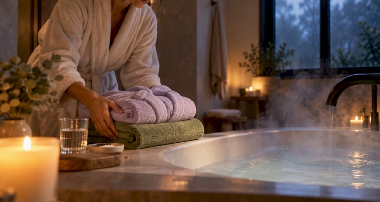 Warmed robe beside a relaxing home bath