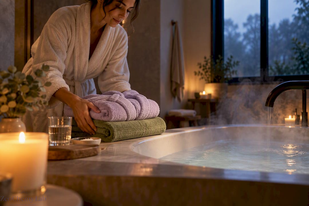 Warmed robe beside a relaxing home bath
