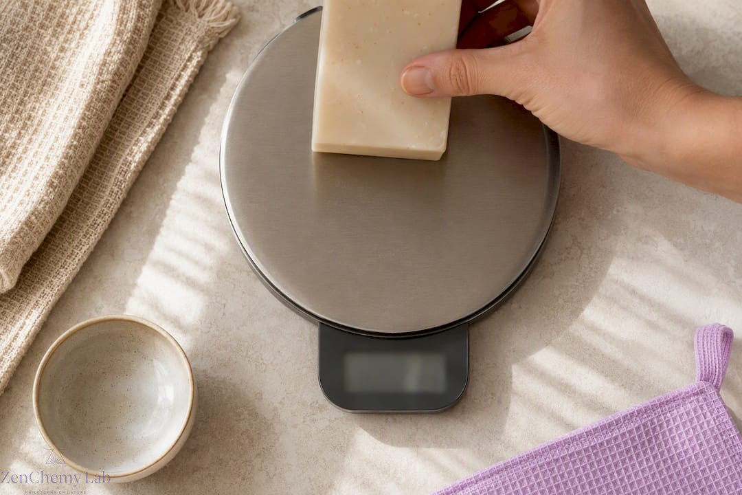 Cropped soap bar being weighed on scale