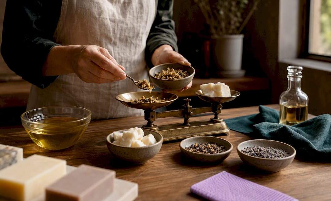 Soapmaking ingredients beside a brass balance