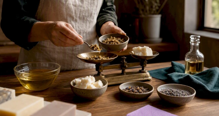 Soapmaking ingredients beside a brass balance