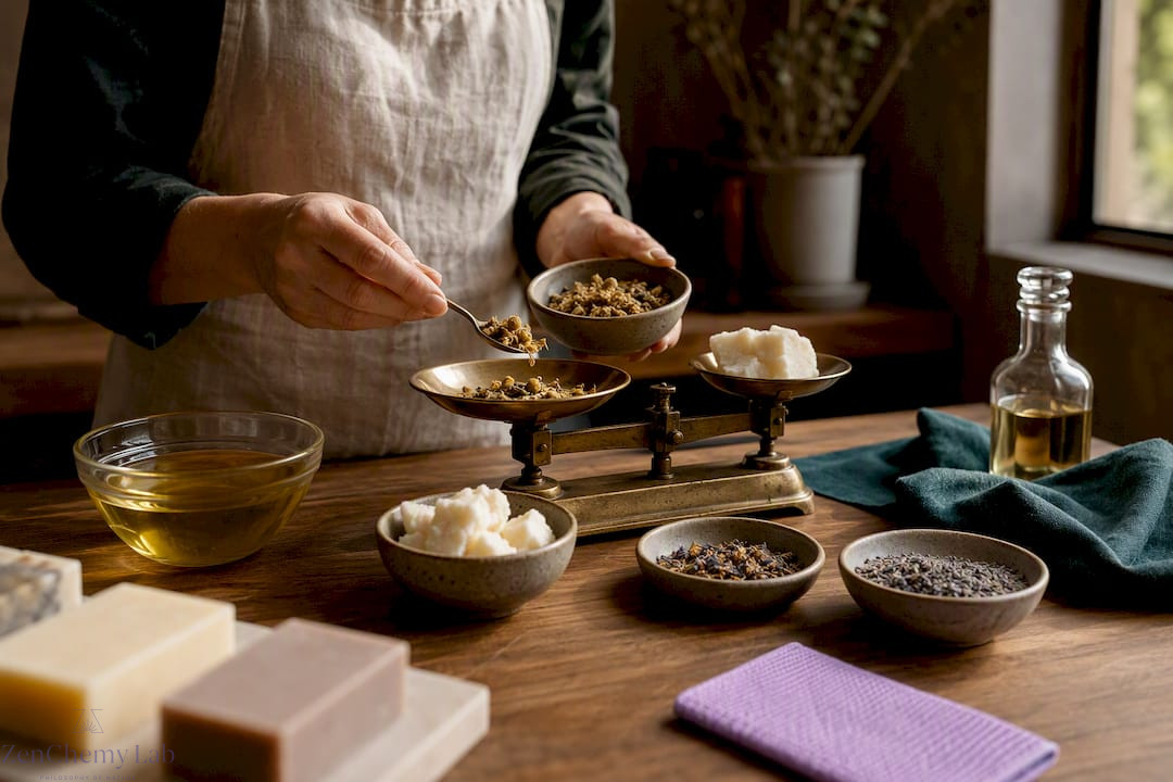 Soapmaking ingredients beside a brass balance